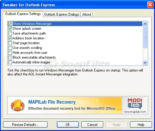 Tweaker for Outlook Express 스크린샷 1