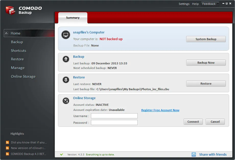 Comodo Backup 스크린샷 1