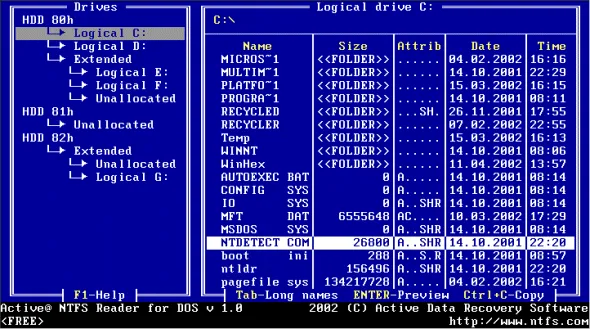 Active NTFS Reader for DOS 스크린샷 1